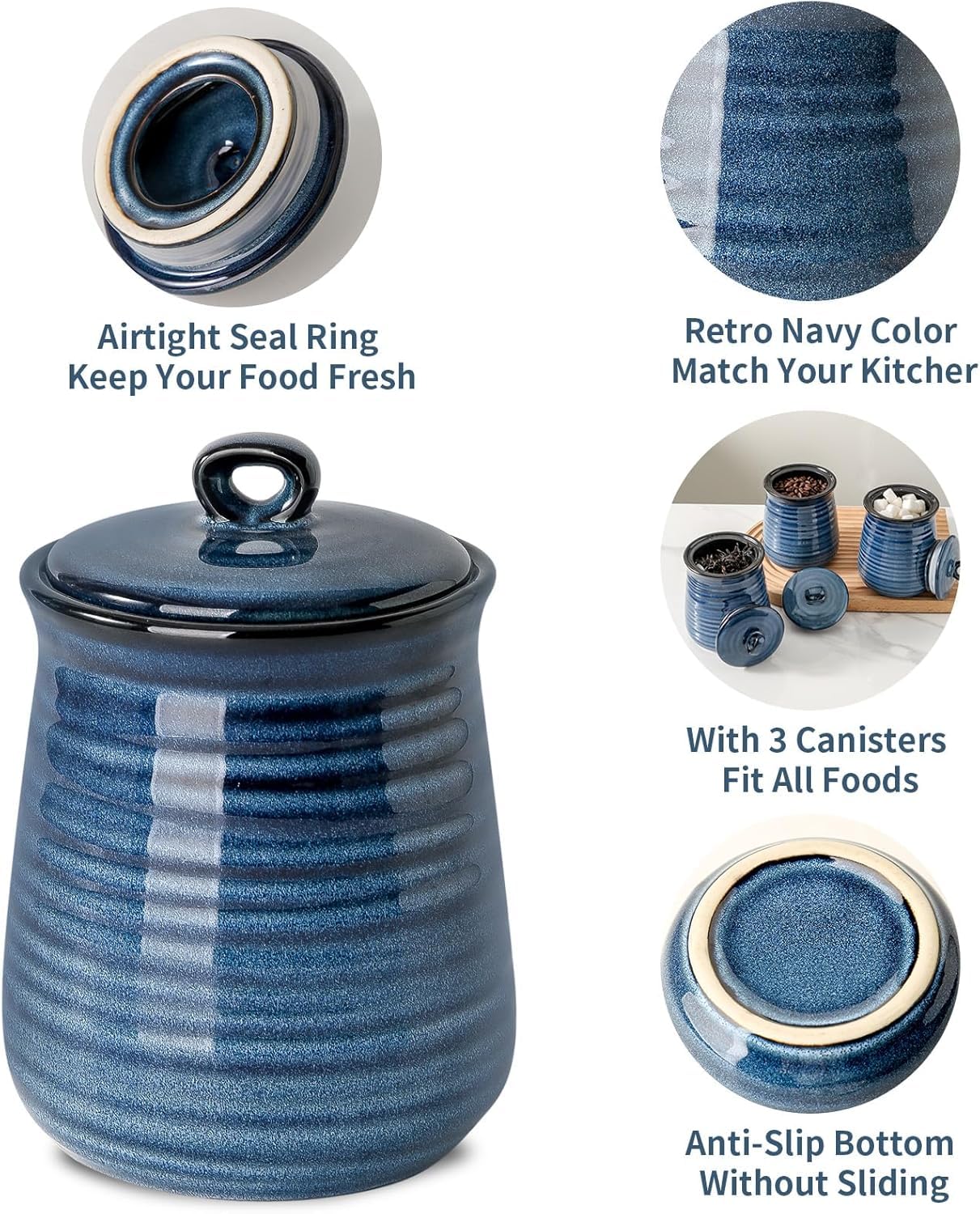 Tikooere Ceramic Food Storage Jars,25 Oz Porcelain Kitchen Canisters with Airtight Lids Set of 3,Flour Containers for Countertop,Farmhouse Decor Serving Ground Coffee,Tea,Sugar,Pasta and Rice,Blue