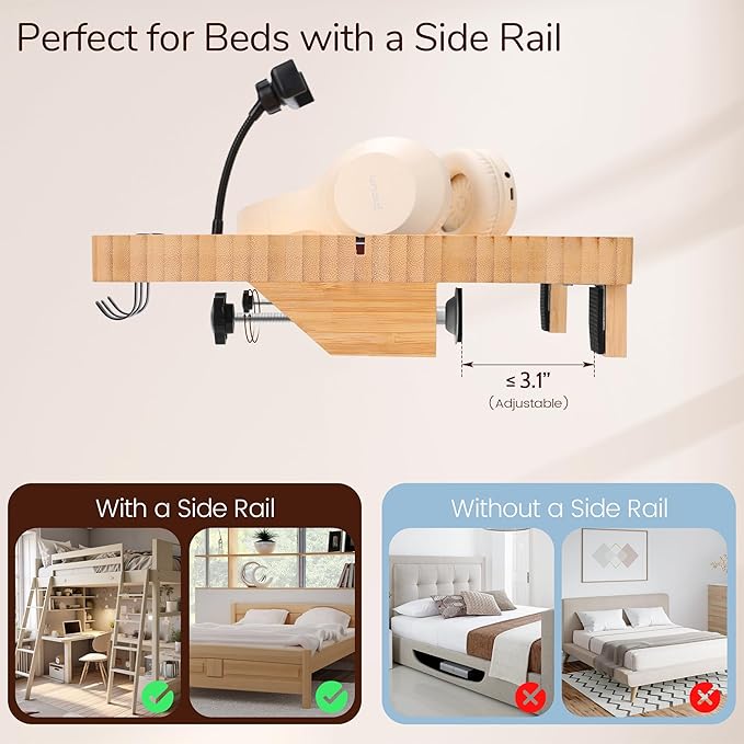 Bedside Shelf for Dorm Bed & Top Bunk, Bamboo Bed Side Table Tray with Cup Phone Holder & Hooks, Bedside Caddy, Clip on Nightstand Bedside Storage College Dorm Room Essentials (Bamboo)
