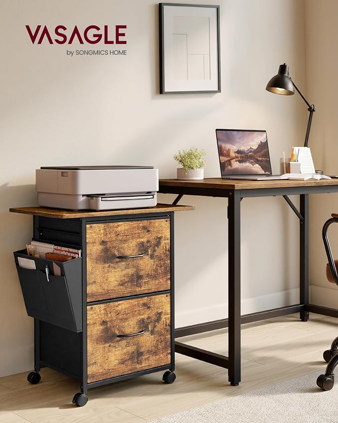 VASAGLE 2-Drawer File Cabinet, Mobile Printer Stand with Storage, Filing Cabinet for A4 Letter Size, Side Pockets, 23.6 x 15.7 x 26.8 Inch, Rustic Brown, Bellah Collection UOFC202KD01