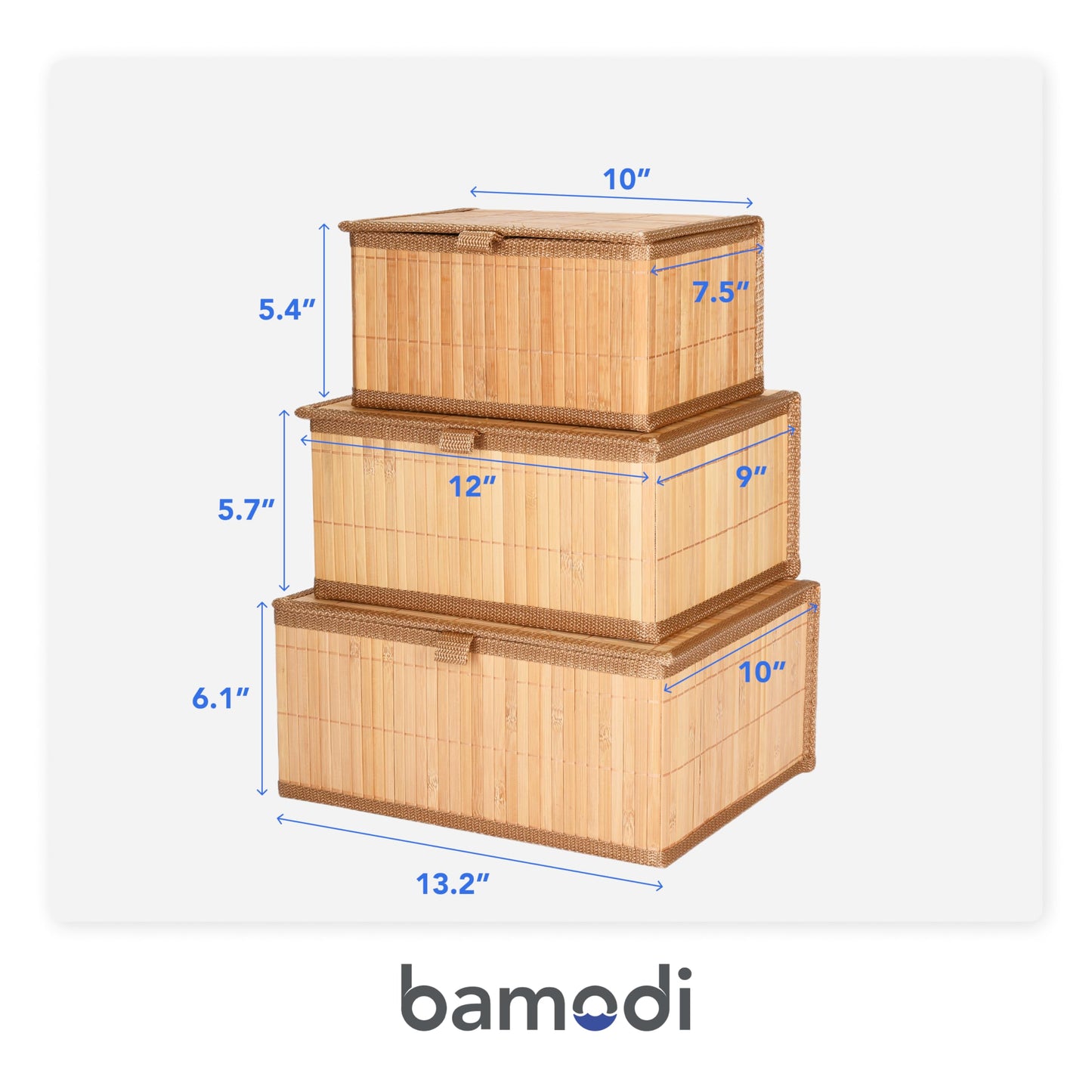 Bamboo Decorative Storage Boxes With Lids - Nesting Rectangular Lidded Box for Organization - Stackable Basket with Cloth Liner - Organizer for Toys, Home, Office - Woven Basket - Set of 3