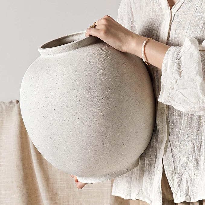 White Ceramic Vase - Large 13.5 Inch Round Floor Vase for Centerpieces, Farmhouse Flower Vases, Rustic Minimalist Home Decor (Sandstone White)