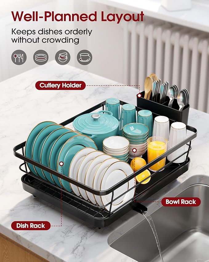 Sakugi Dish Drying Rack - Stainless Steel Dish Rack with Drainboard for Kitchen Counter and Sink, 15.6" D x 12" W x 5" H, Black