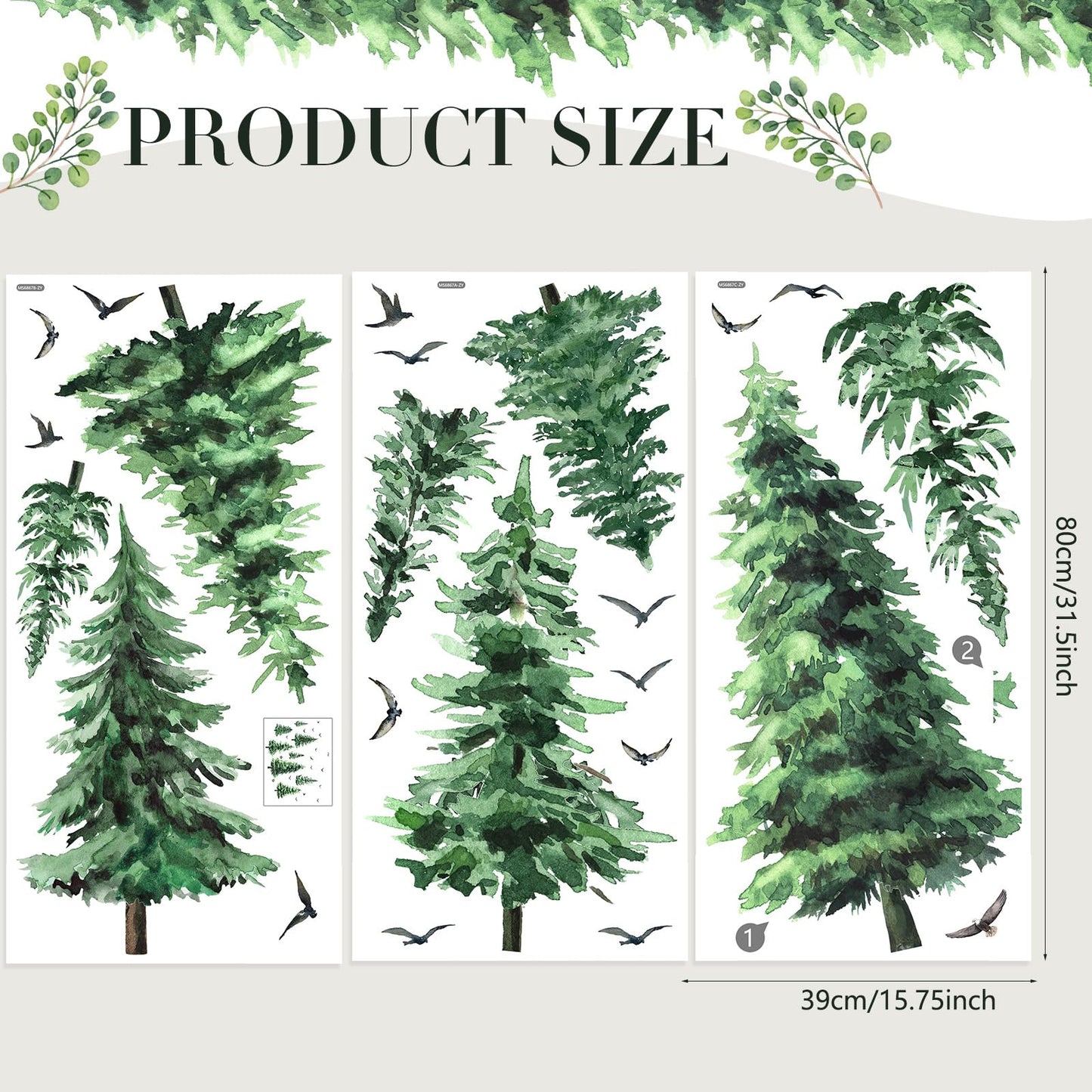 Qilery Large Pine Tree Wall Decals Winter Tree Wall Decal Watercolor Peel and Stick Forest Stickers Woodland Birds Branch Sticker for Nursery Bedroom Living Room(Classic Style)