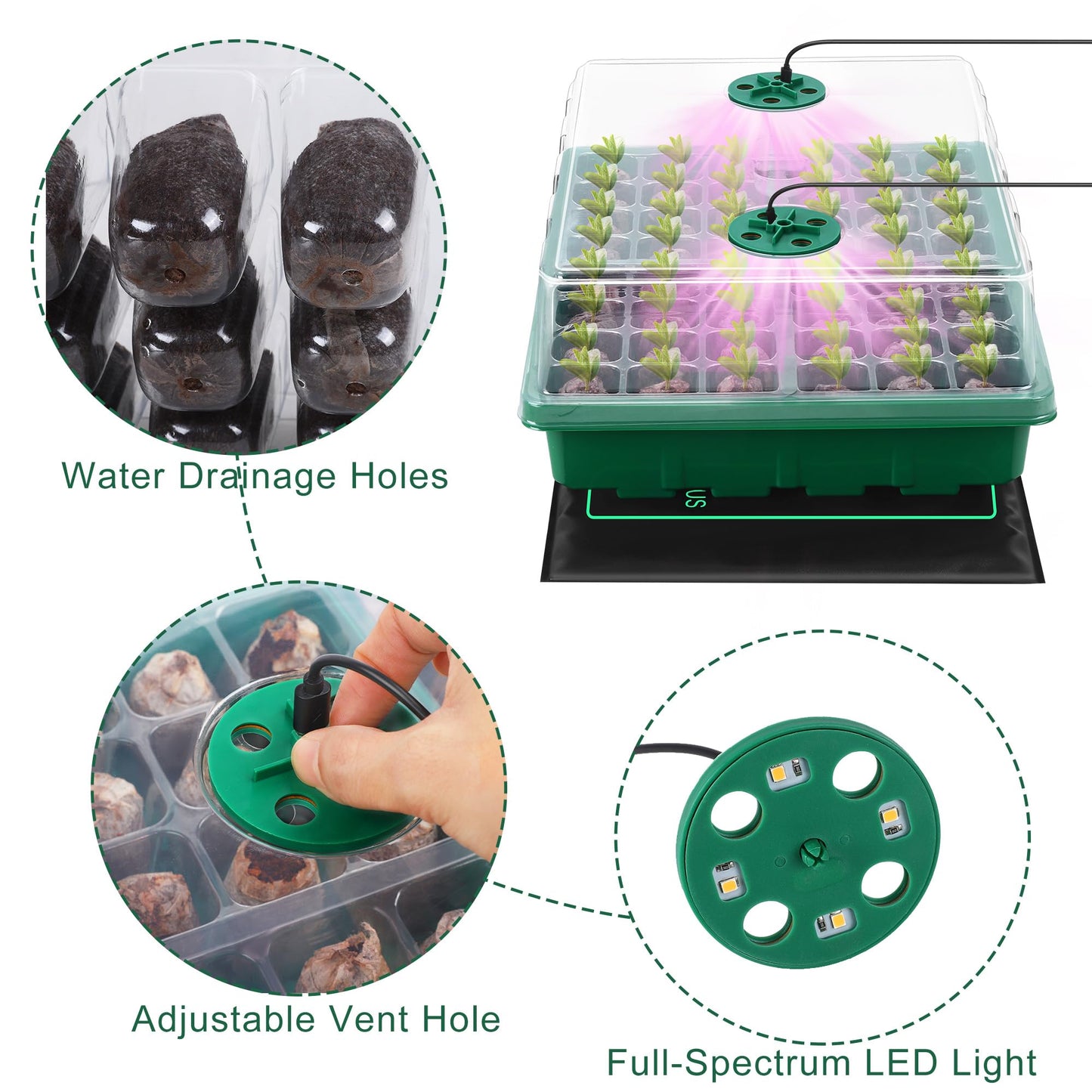 Hahood Seed Starter Kit with Grow Light Seedling Heat Mat 48 Cells Seed Starter Tray with Humidity Dome and Base Germination Trays Plastic Growing Trays Plant Propagation Kit for Seed Starting, Green