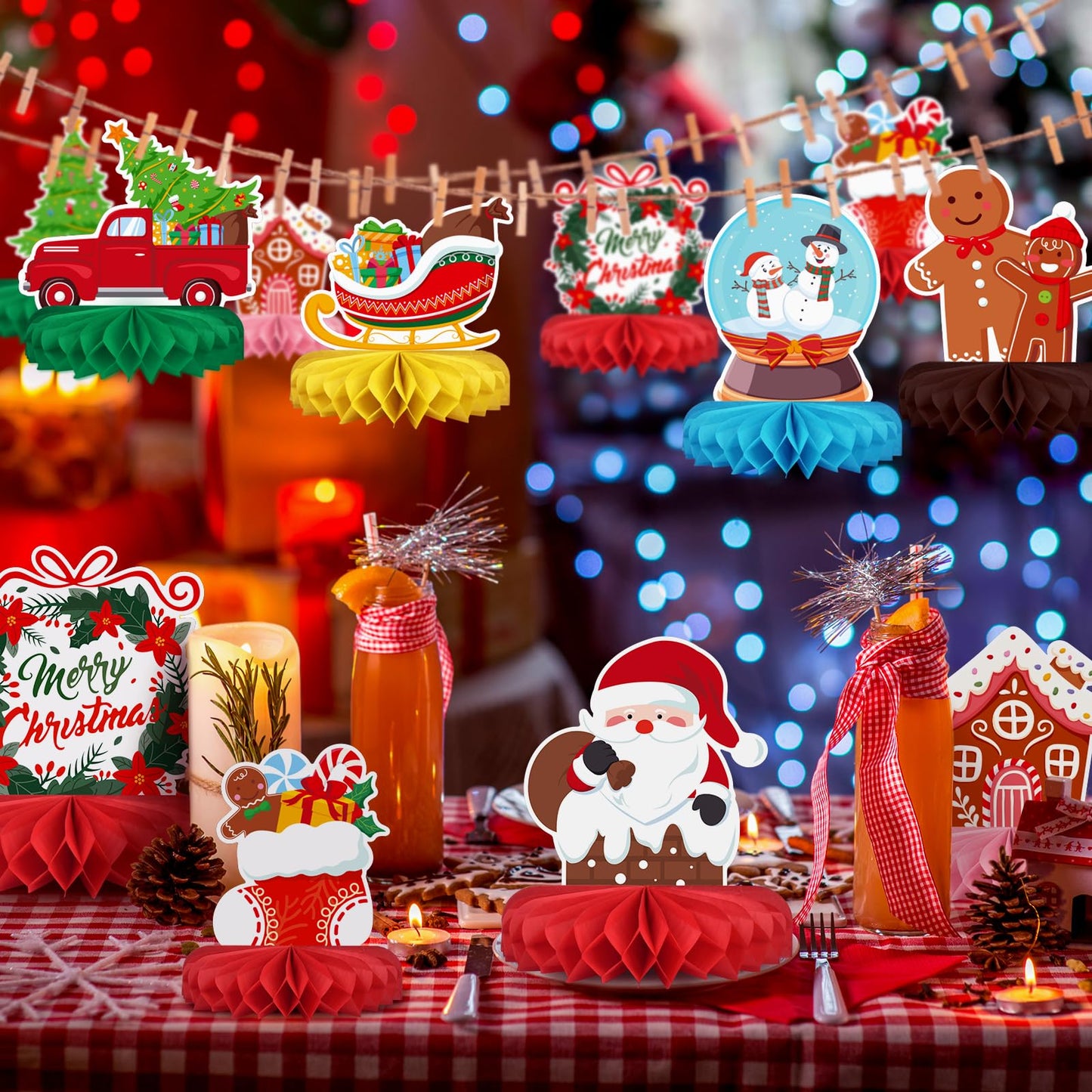 Merry Christmas Party Decorations Bundle - Includes Festive Christmas Honeycomb Centerpieces ，Santa Claus Snowman Table Toppers, Perfect for Classroom Decor, Christmas & Winter Birthday Party Supplies