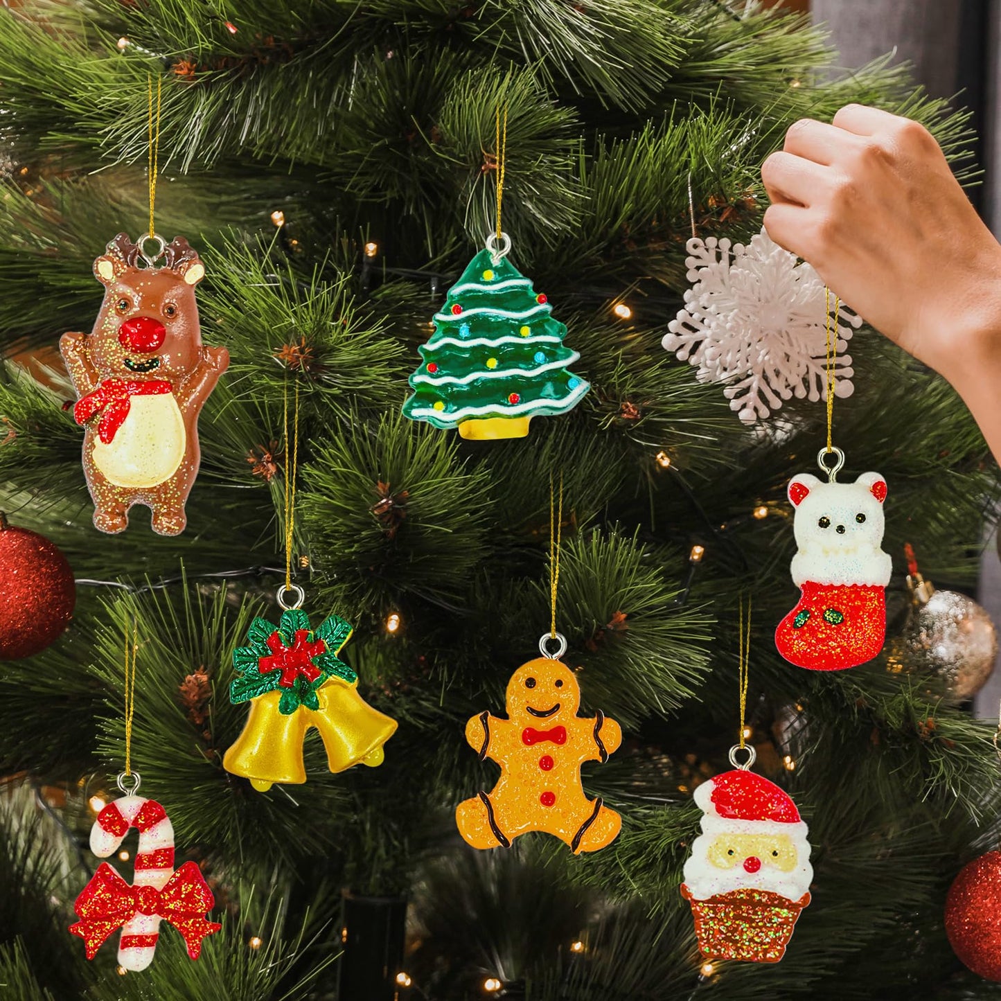 Thuodo 48PCS Mini Resin Christmas Ornaments Set, Tiny Hanging Decorations with String for Christmas Tree Decor