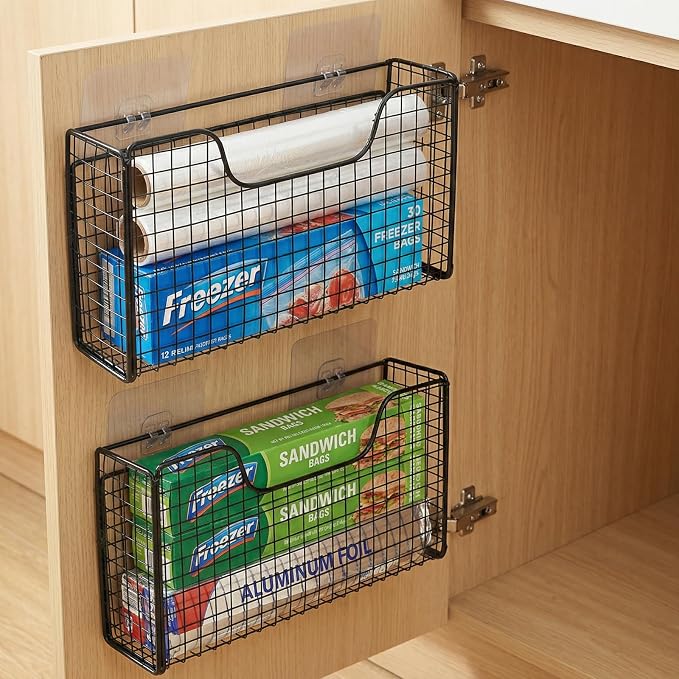 2 Pack Aluminum Foil Organizer, Foil and Plastic Wrap Organizer, Pantry Kitchen Cabinet Door Organizers, Self Adhesive Wall Mounted Storage Hanging Basket for Ziplock Bag, No-Drill, Mesh Metal