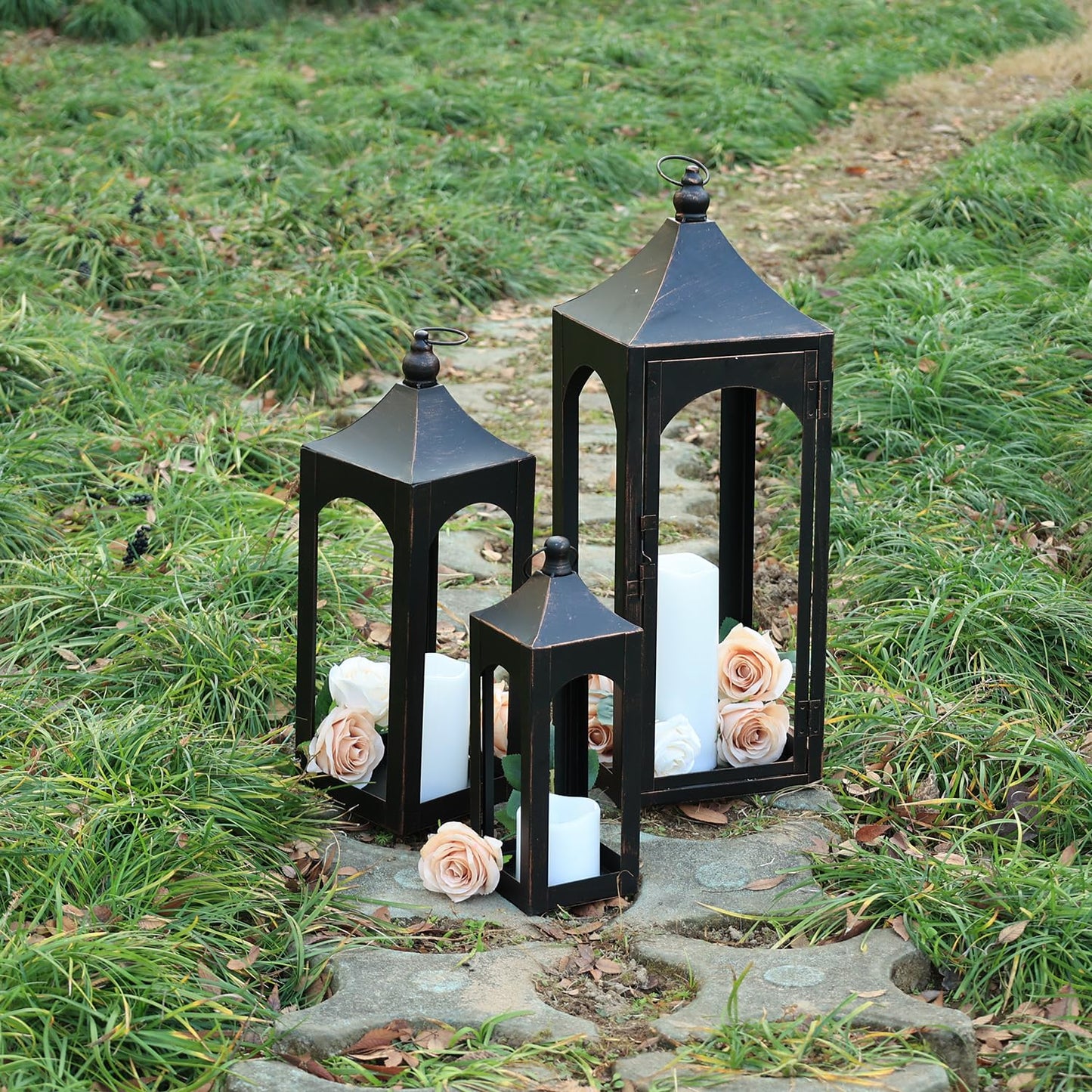 NEEDOMO Lanterns Decorative Indoor&Outdoor,Set of 3 Outdoor Lanterns for Porch, 26" Metal Frame Candle Holders with LED Candles, Fall, Christmas