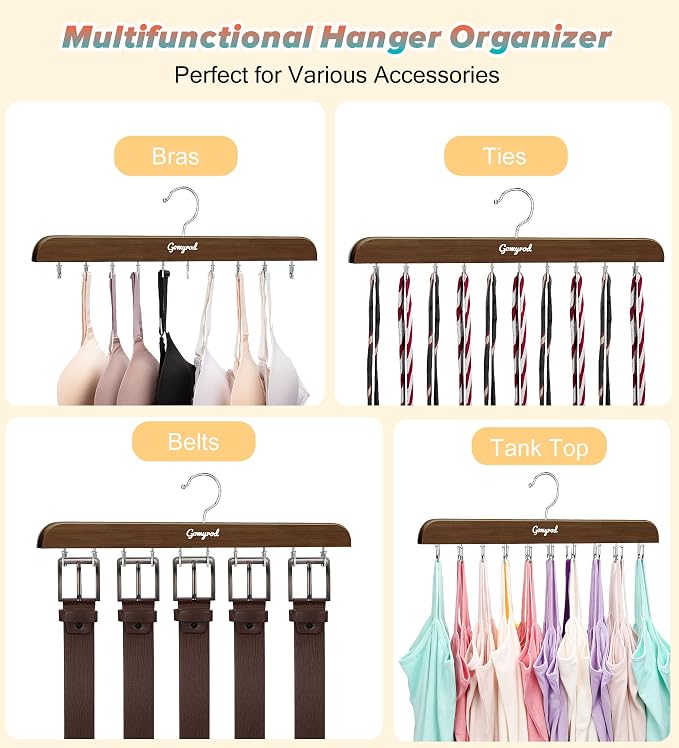 Gomyrod Bra Hanger for Closet, 2 Pack Tank Top Hangers w/20 Hooks Holds 40 Bras, Capacity Foldable Wood Space Saving Hanger, 360°Rotating Closet Organizers and Storage for Dorm & Apartment（Brown）