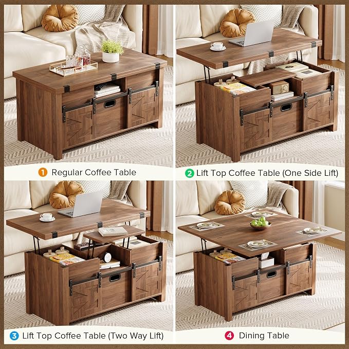 Memobarco 40" Farmhouse Lift Top Coffee Table with Sliding Barn Door,4 in 1 Multi-Function Coffee Tables with Storage Drawers & Hidden Compartment,Converts to Dining Table for Living Room,Walnut