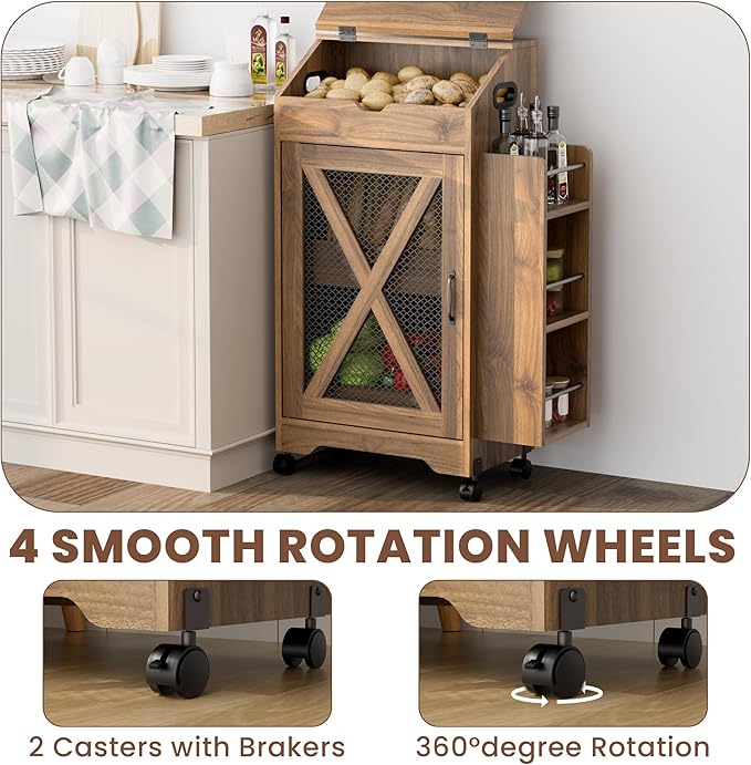 Potato and Onion Storage Bin, Movable Fruit and Vegetable Bin with Spice Rack, Wooden Large Bread Box, Farmhouse Potato Storage Cabinet for Kitchen, Pantry
