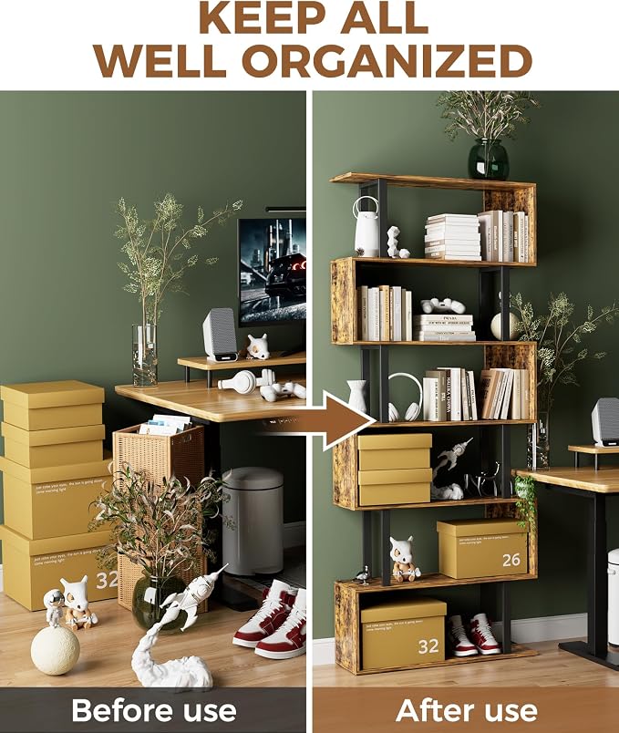 Gadroad 6 Tier Geometric Bookcase,S Shaped Bookshelf, Wood Decorative Storage Shelving, Modern Freestanding Display Shelves, Tall Book Shelf Unit for Living Room Bedroom, Rustic Brown