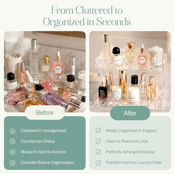 Perfume Organizer for Vanity, Premium Clear Acrylic Makeup Organizer Countertop with Non-Slip Trays, Easy 30-Second Assembly, Holds 12–16 Bottles for Bathroom & Dresser (Dark Diamond)