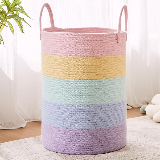 80L Extra Large Rainbow Laundry Hamper for Baby Girls Clothes Tall Woven Laundry Basket for Kids Nursery Toy in Playroom Blanket Basket for Living Room Bedroom 16"D x 22"H Pastel Unicorn