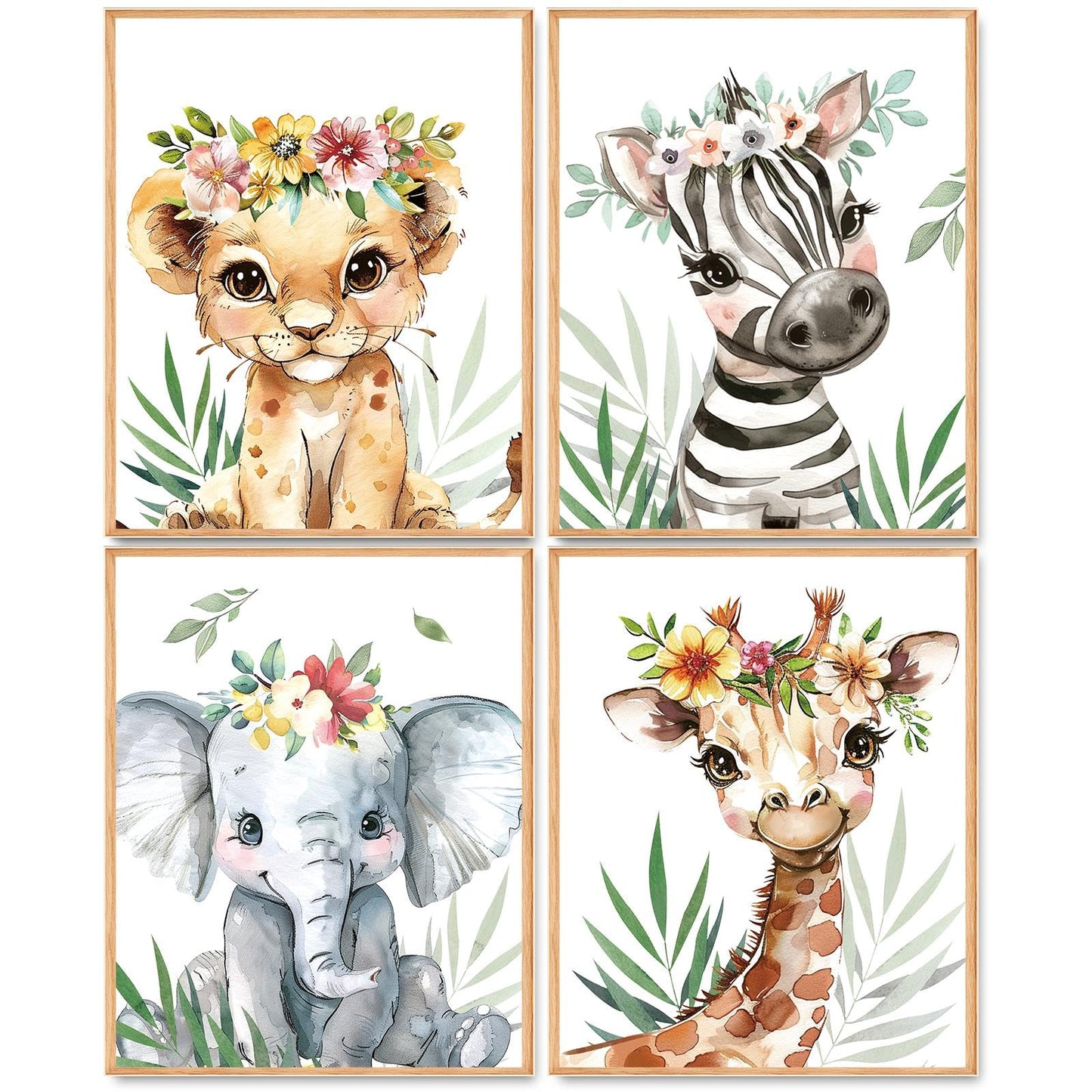 Hapons Baby Safari Animals Nursery Wall Art Decor Posters, Jungle Lion Zebra Elephant Giraffe College Teen Kids Toddler Room Bedroom Bathroom Dorm Wall Art Prints, Aesthetic Tropical Plants Playroom Classroom Wall Decor Gifts 8''x10'' 4 PCS Unframed