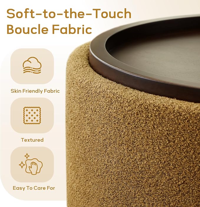 Zihanhome 30 Inch Round Storage Ottoman, Ottoman Coffee Table with Lift Off Lid, Boucle Modern Ottomans with Storage for Living Room, Bedroom, Apartments (Yellow)