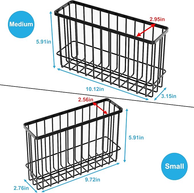 Wall Organizer Baskets, Lid Organizers Inside Cabinet with 2 Caddy Adhesive, Cabinet Door Organizer with 2 Sponges, 4 Hooks, Cabinet Door Storage for Foil Aluminum Roll, Black, 2 Pack (Small, Medium)