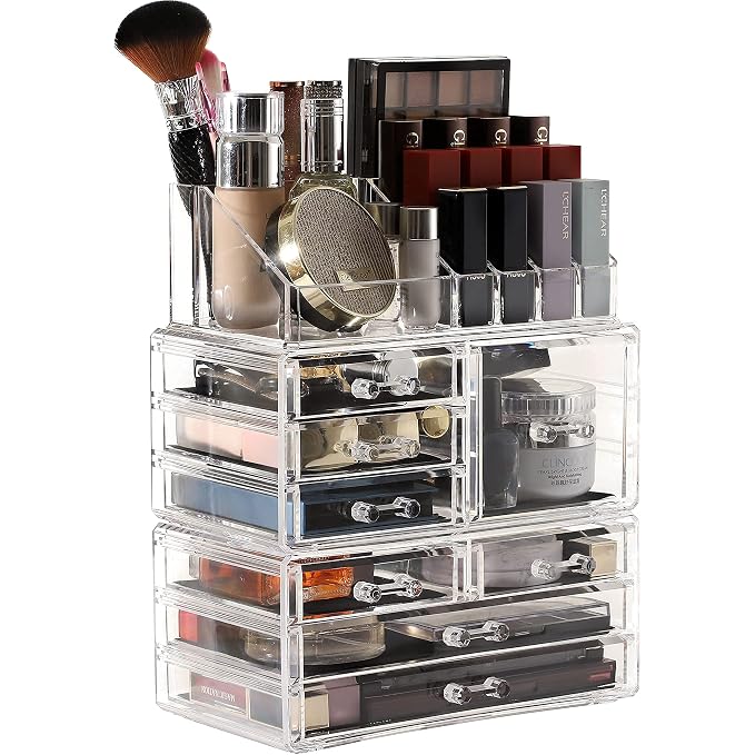 Cq acrylic 3 Pack Clear Makeup Organizer for Vanity,Countertop,Stackable 8 Drawers Cosmetic Storage for Hair Clip,Jewelry,Lipstick,Makeup Brush,Beauty Product Desk and Bathroom Skincare Organizers