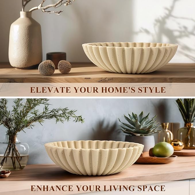 YMXYJM Large Decorative Bowl, Modern Handicraft Bowls for Home Decor, Decorative Fruit Bowl for Kitchen Counter, Ruffle Decor, Stylish Key Bowl for Entry Table, Artificial Travertine Beige