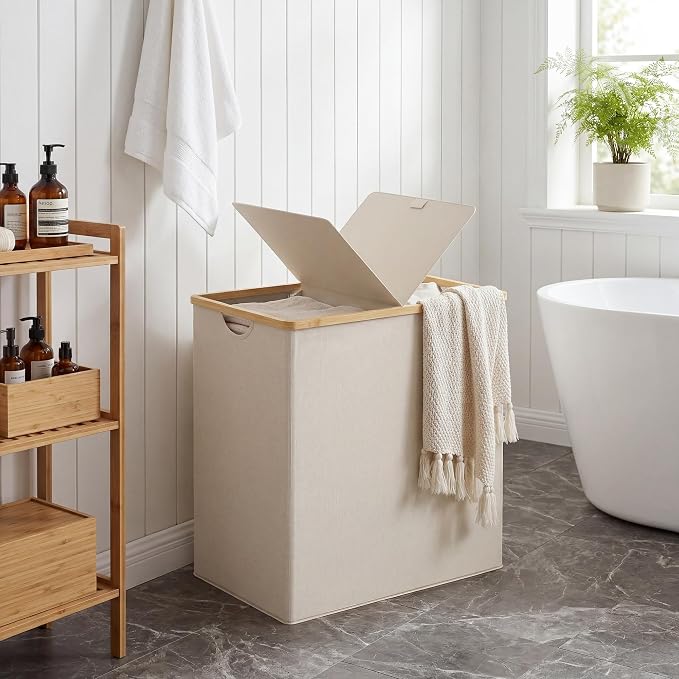 efluky Laundry Hamper with Lid, Double Laundry Basket with 2 Removable Bags, 2 Section Laundry Bin with Bamboo Handles for Bathroom, Bedroom & Laundry Room, 140L (36.9 Gallon) Beige