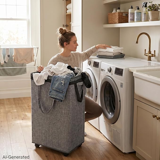 DOKEHOM 90L X-Large Laundry Basket with Removable Wash Bag on Wheels, Collapsible Rolling Laundry Hamper, Foldable Clothes Organizer, Folding Washing Bin (Linen Grey)