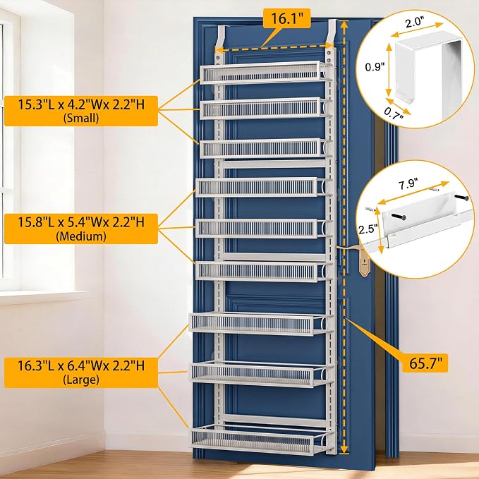 Over the Door Pantry Organizer 9 Tier Hanging Door or Wall Mounted Spice Rack with Adjustable Acylic Basket,Heavy Duty Metal Seasoning Storage Shelf for Kitchen Pantry and Bathroom White