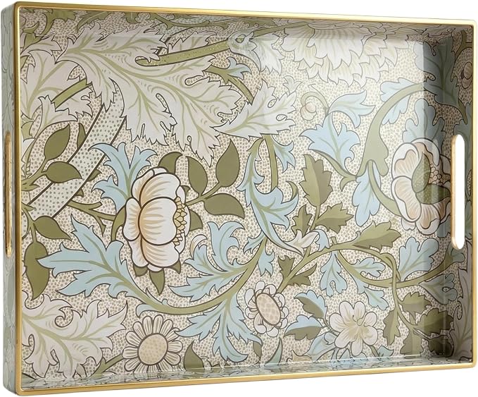 William Morris-Style Serving Tray with Handles - 15.7" x 11.8" Floral Pattern Decorative Platter for Coffee Table, Ottoman & Breakfast in Bed - Sturdy Plastic Rectangular Tray