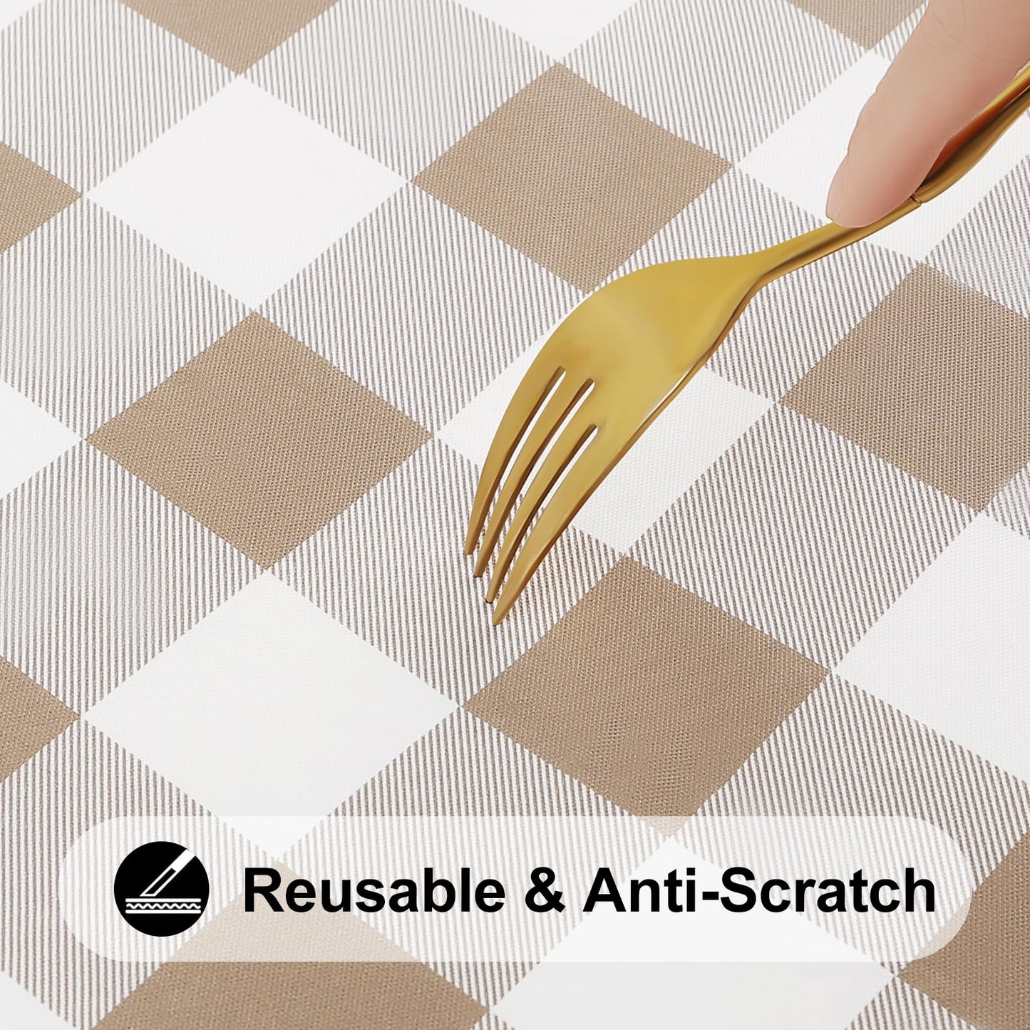 Smiry Rectangle Picnic Table Cloth, Elastic Waterproof Fitted Vinyl Tablecloths, Flannel Backed Buffalo Plaid Table Covers for Dining, Camping, Outdoor (White and Khaki, 30" x 72")