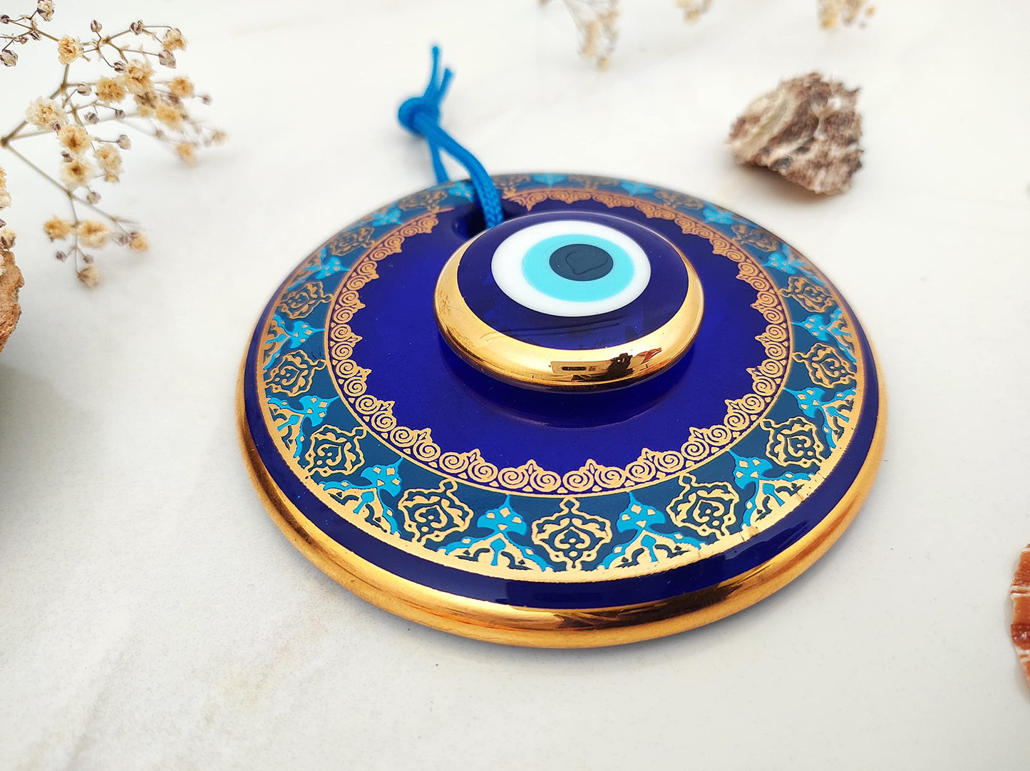 Erbulus 4.3" Glass Blue Evil Eye Wall Hanging Gold and Turquoise Floral Design Ornament – Turkish Nazar Bead - Home Protection Charm - Wall Art Amulet in a Box