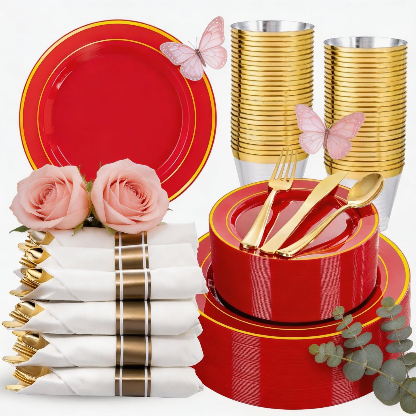 WDF Partyware 350Pieces Red Plastic Plates with Gold Rim Include 50Dinner Plate 10inch 50Dessert Plate 7inch 50 gold Cups 9 OZ, 50 Pre Rolled Napkins for Party/Baby Shower/Wedding/Spring/Mother's Day