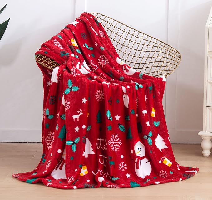 Elegant Comfort Luxury Velvet Super Soft Christmas Prints Fleece Blanket-Holiday Theme Home Décor Fuzzy Warm and Cozy Throws for Winter Bedding, Couch and Gift, 50 x 60 inch, Red Snowman