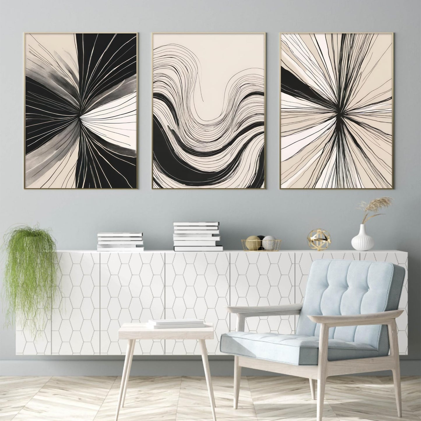 3Pcs Abstract Line Wall Art Modern Boho Neutral Line Wall Decor Mid-Century Paintings Geometric Minimalist Black and Beige Posters prints Artwork for Living Room Bedroom Office Home12x16in Unframed