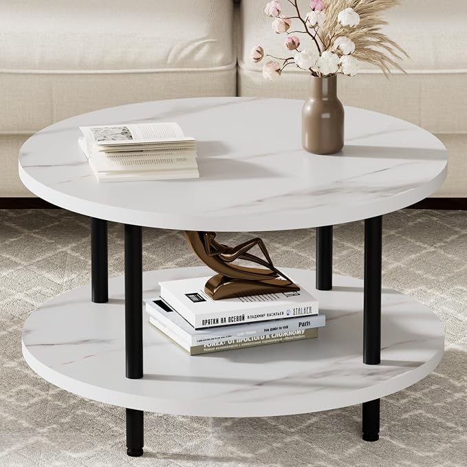 FAMIDGE Round Coffee Table, 23.6" Circle Coffee Table for Living Room, 2-Tier Wood Accent Center Table with Open Storage Industrial Design Home Furniture, White