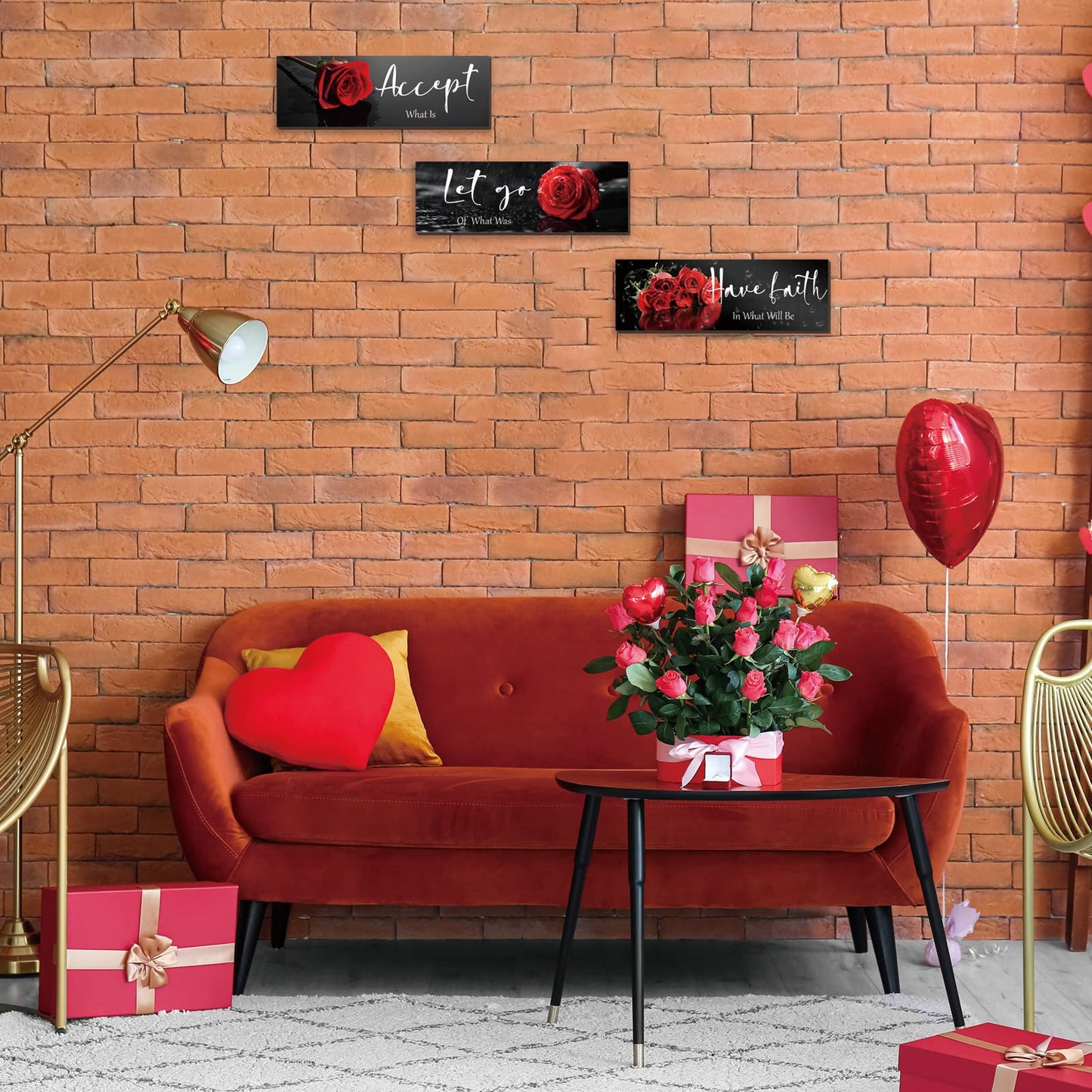 3 Pcs Red Decor Flower Inspirational Wooden Wall Art Red Roses Office Wall Decor with Accept Let Go Have Faith Positive Quotes for Girl Women Bathroom Living Room Bedroom(Red Rose12 x 4 Inch)