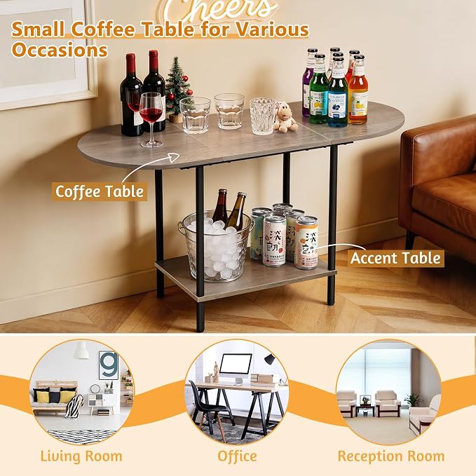 Small Coffee Table,35.4'' Oval Coffee Table with Storage Shelf & Metal Frame,Low Cocktail Tea Accent Table for Apartment,Modern Mid Century Small Living Room Table,Rustic Grey