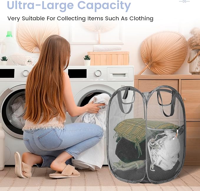 Strong Mesh Pop-up Laundry Hamper,HOUSE AGAIN Quality Pop Up Hampers for Laundry with Durable Handles Solid Bottom High Carbon Steel Frame, Easy to Open and Fold for Storage(Grey)