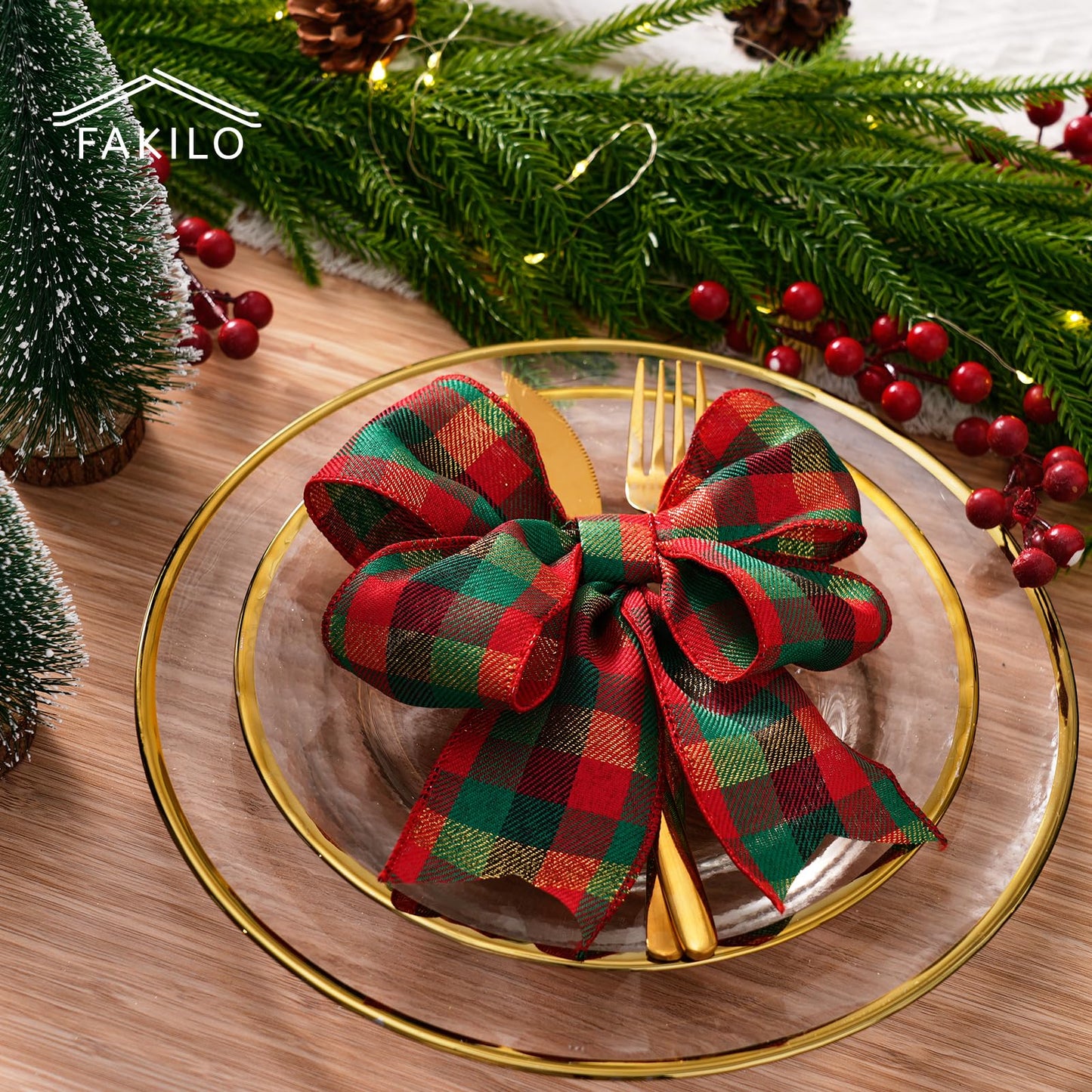 FAKILO Christmas Wired Ribbon 2-1/2 inch x 10 Yards Gold Red and Green Gingham Buffalo Plaid Tartan Christmas Ribbon for Tree Wreath Decor Gift Wrapping Topper Bow Making