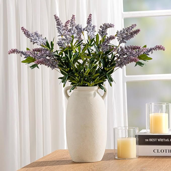 Dobbyby Ceramic Flower Vase 12 inch Farmhouse Rustic Vase Decorative Pottery Terracotta Tall Vases for Home Decor Table Mantle Fireplace Living Room Bathroom Wedding Centerpiece(Large-White)
