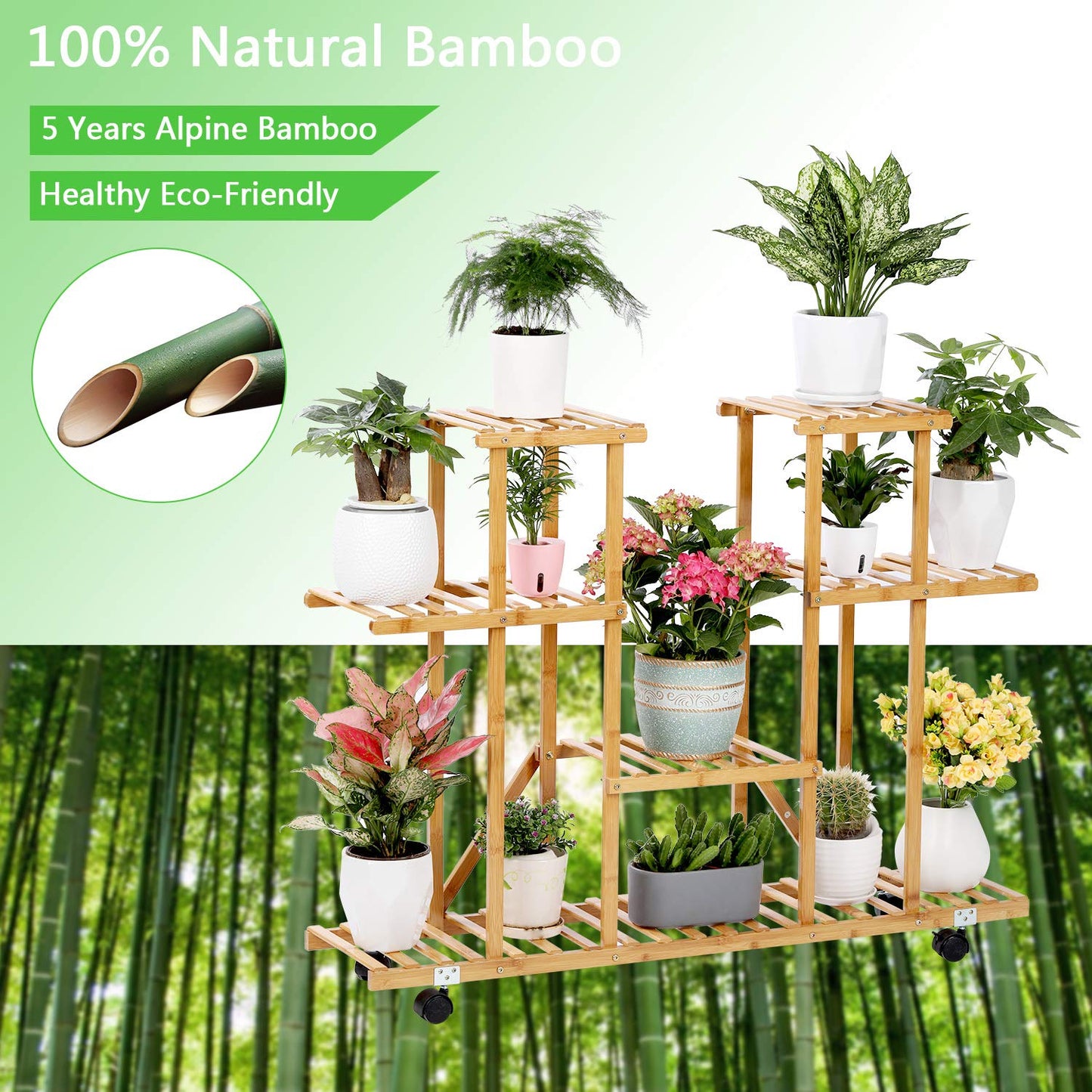 Bamboo Plant Stand Rack with Wheels 4 Tier Indoor&Outdoor Rolling Plant Flower Pots Holder Shelf Planter Display Shelving Unit for Patio Garden, Living Room, Corner Balcony and Bedroom (13 Flowerpots)