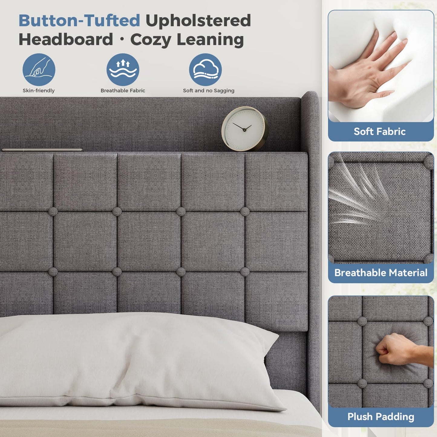 HAPPYMONT Queen Size Upholstered Bed Frame with Storage Drawers, Platform Bed with Fabric Headboard, Wooden Slats Support, No Box Spring Needed, Easy Assembly, Gray
