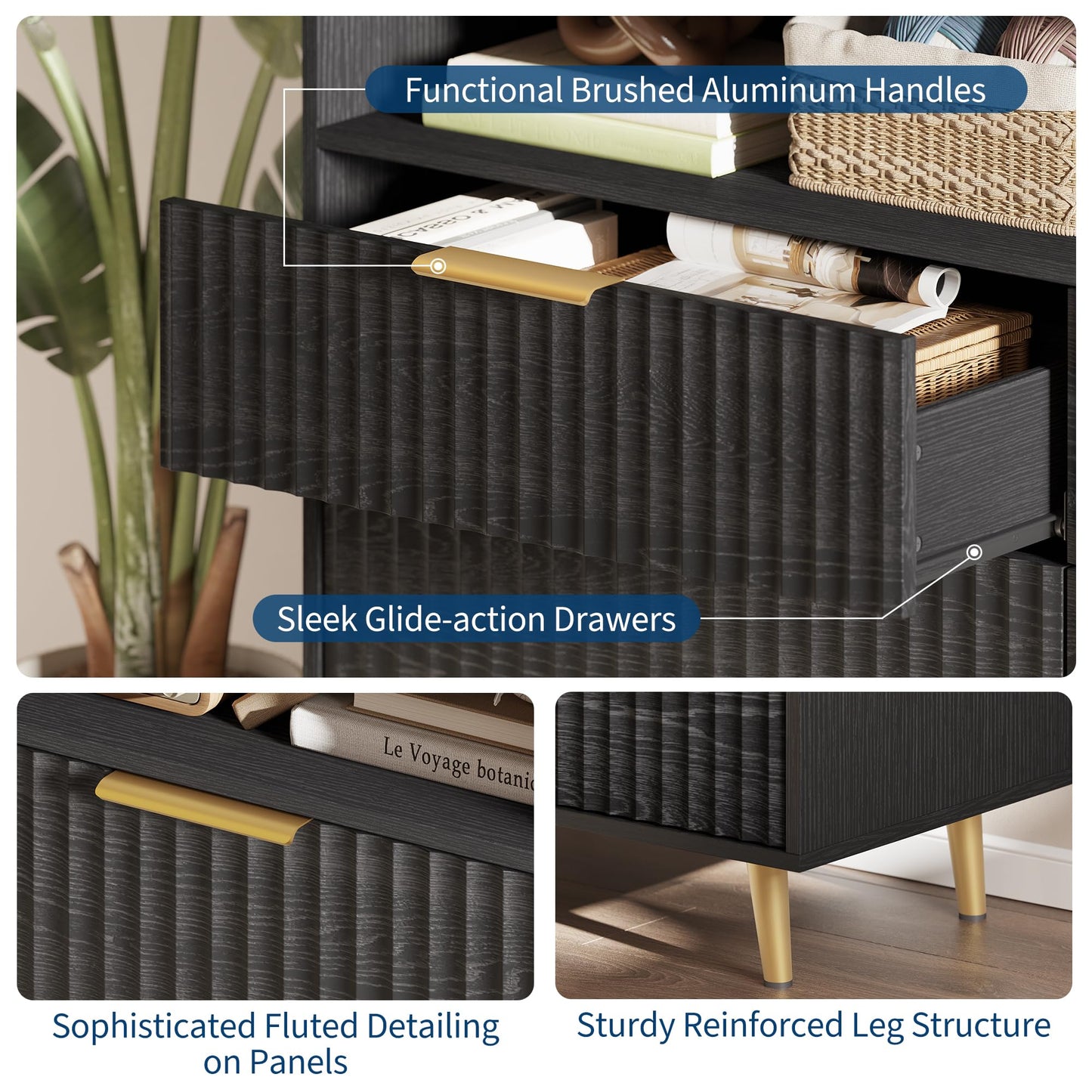6 Drawers Dresser for Bedroom, 53.9" Wide Dressers with LED Lights and Charging Station, Curved Profile Design, Fluted Wood Drawers with Gold Handle, Modern Chest of Dressers for Living Room, Black