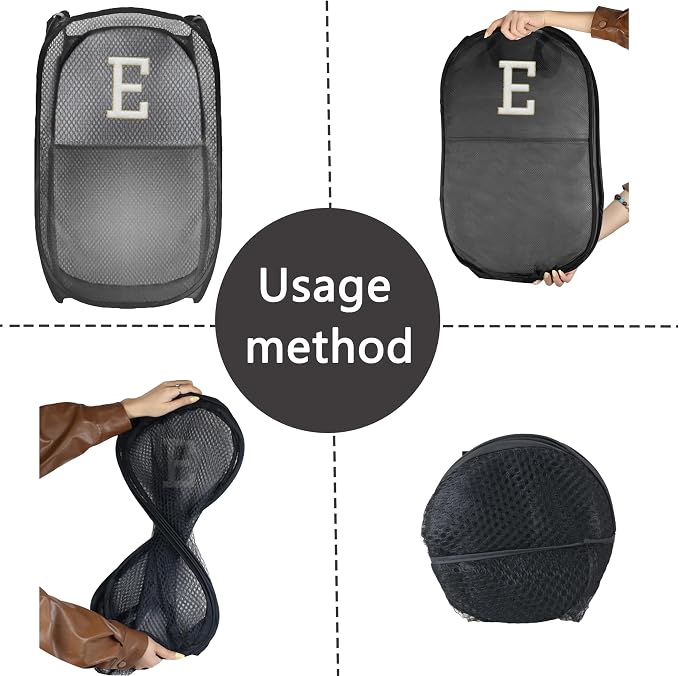 Collapsible Pop Up Laundry Hamper, Extra Large with Removable Initial Letter E, Mesh Foldable Laundry Basket, 28" x 16" x 16" (Black)