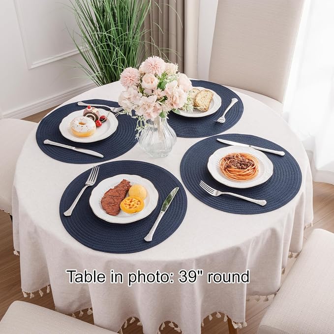 SHACOS Round Placemats Set of 6 Washable 15 inch Circle Polyester Woven Braided Place Mats for Dining Table Indoor Outdoor Table Mats Home Party Wedding Decor (Navy, 6)