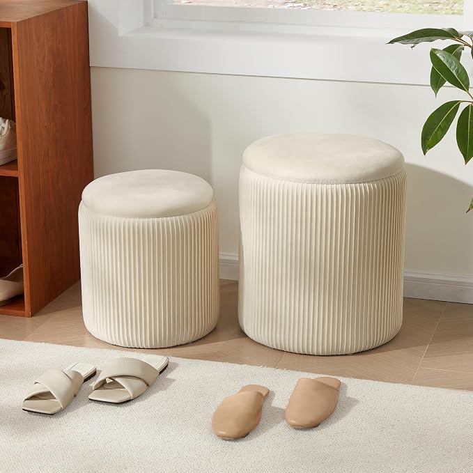 Royal Windsor Round Ottoman with Storage Set of 2,Vanity Stool with Storage for Bedroom, Ottoman Coffee Table,Small Velvet Foot Stool for Living Room, Beige