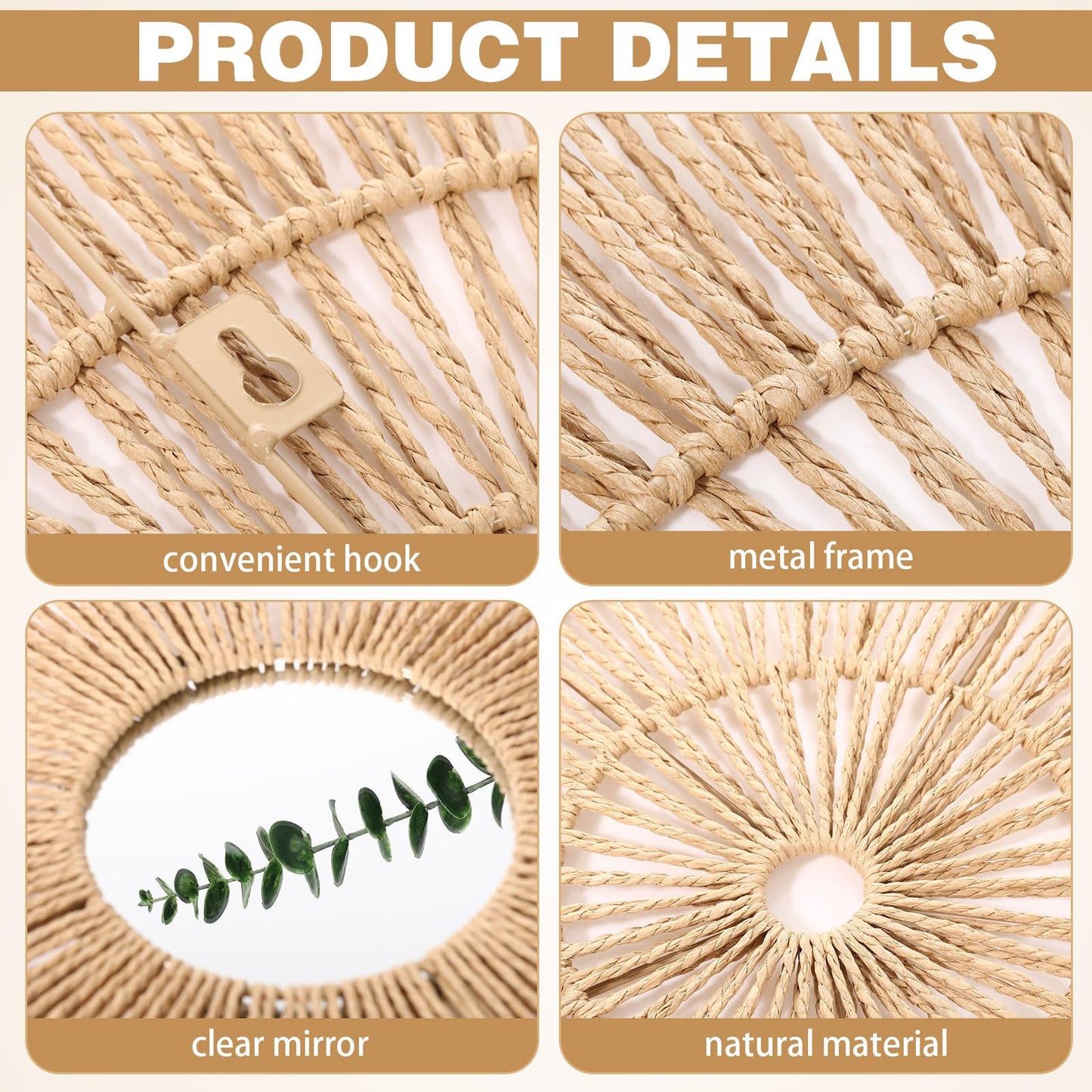Yerliker 9 Pack Wicker Jute Wall Decor Baskets - Wicker Woven Jute Wall Mirrors Baskets Decorative Boho Hanging Woven Basket, Rustic Round Mirrors Natural Home Decor Set for Bedroom Living Room