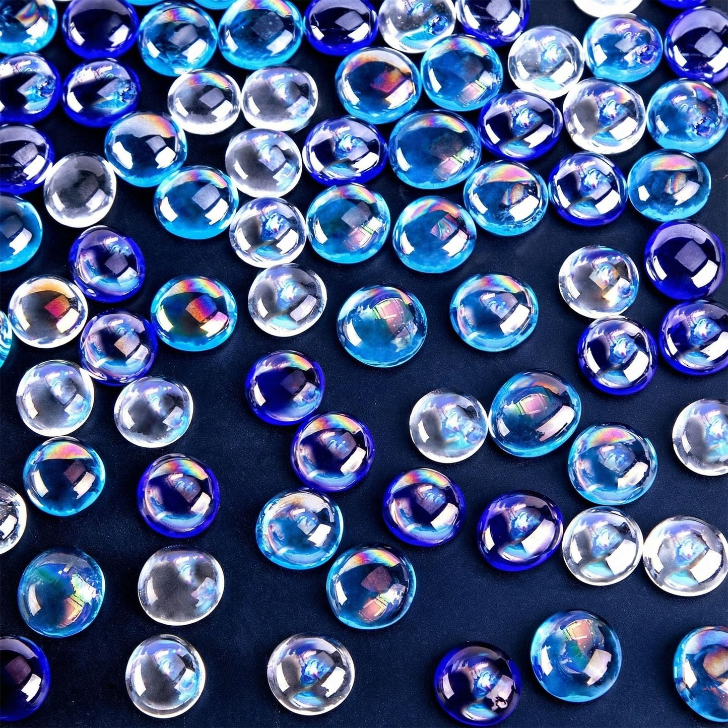 DomeStar 65PCS Iridescent Blue Flat Marbles, Decorative Glass Pebbles Beads Vase Fillers Decorative Fish Tank Aquarium Rocks for Centerpieces Table Decor