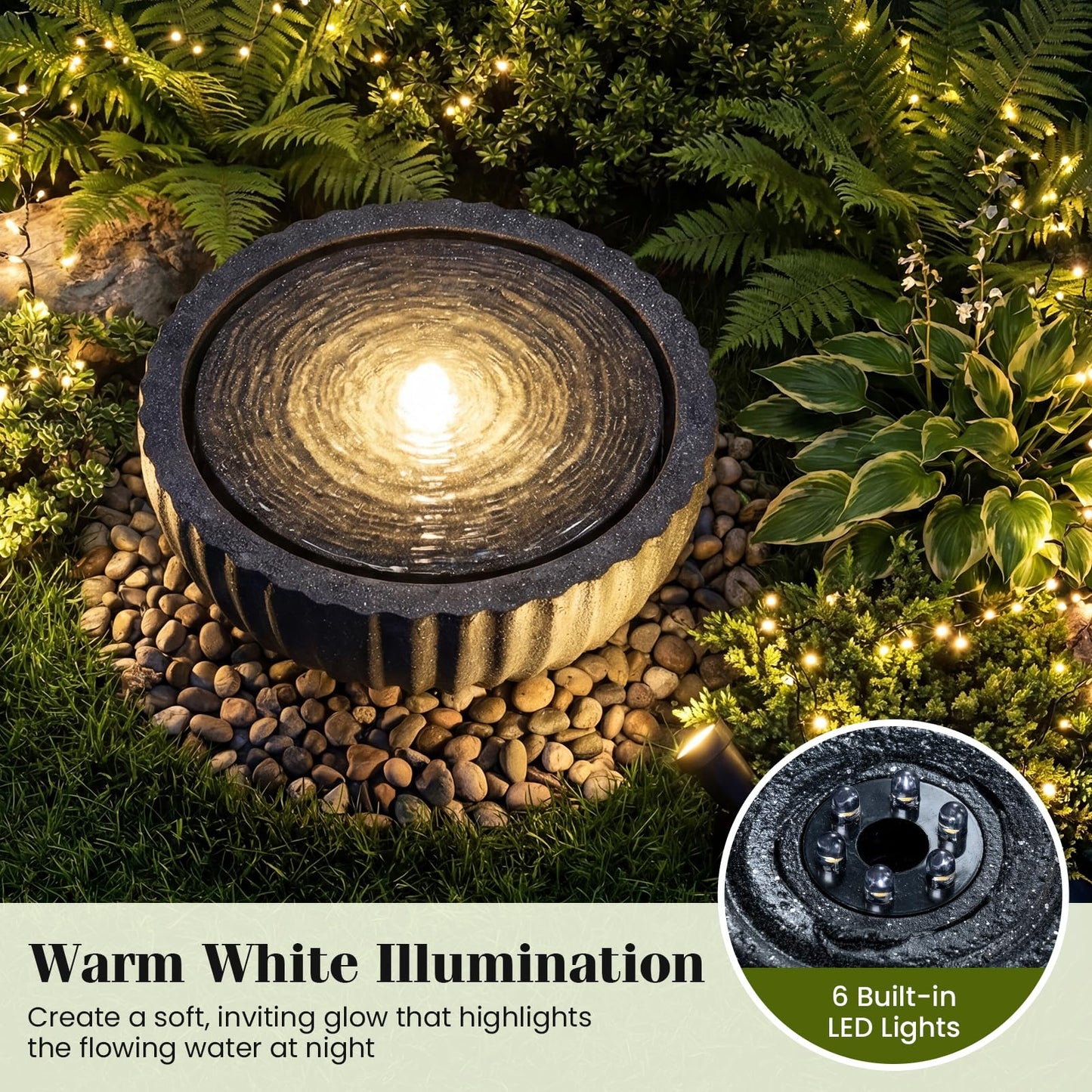 Giantex 18" Round Outdoor Water Fountain with 6 LED Lights, Stone Gray Resin Sphere Waterfall Feature with Adjustable Pump, Lighted Bubbling Fountain for Garden Patio Porch Decor (18" Dia. x 9.5" H)