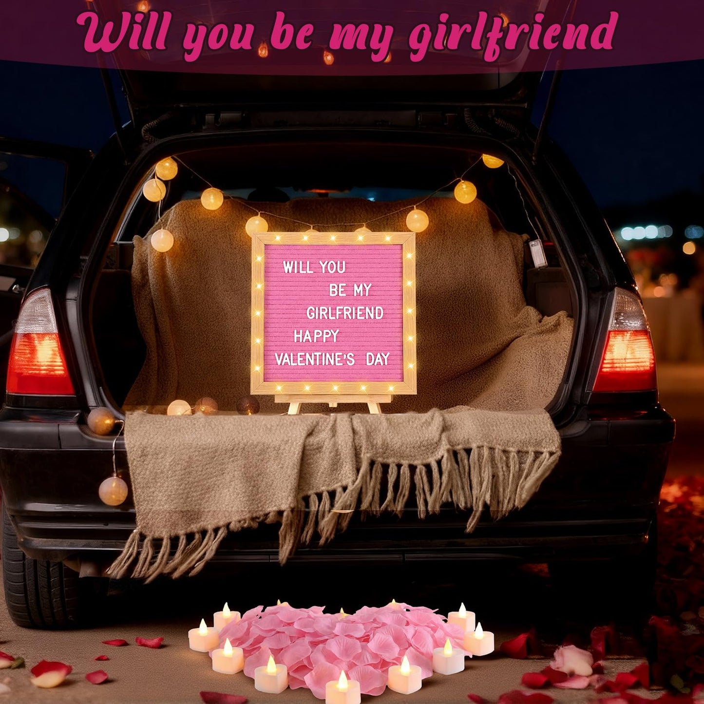 Ceenna Will You Be My Girlfriend Romantic Sign with LED Candles and Artificial Rose Petals, Valentine's Day DIY Felt Letter Wood Board Sign with Lights for Valentine's Day Anniversaries Party (Pink)