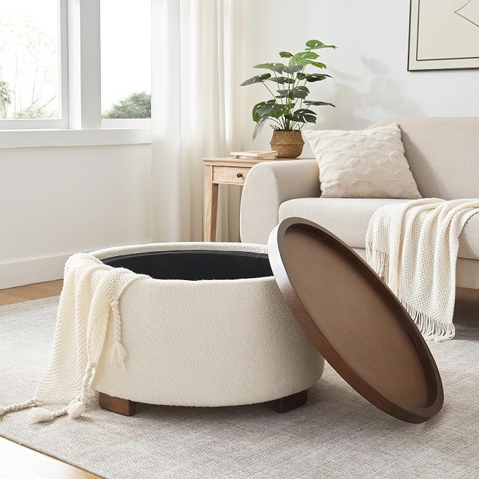 Zihanhome 30 Inch Round Storage Ottoman Coffee Table, Modern Boucle Ottoman with Lift-Off Lid and Solid Wood Legs for Living Room, Bedroom, Corners, Apartments (Beige)