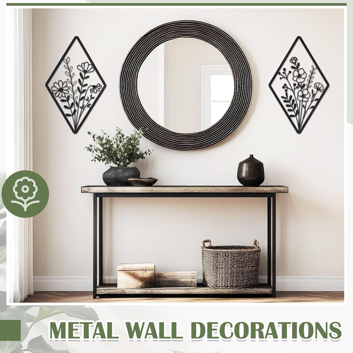 PullCrease 2 Pcs Metal Wall Art, Metal Flower Wall Decor, Modern Floral Art for Living Room, Bedroom, Bathroom, Rustic Farmhouse Decor, Sculpture Kitchen Decoration (Black)